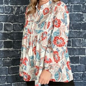 Floral Print Women's Top -‎ Red and Blue